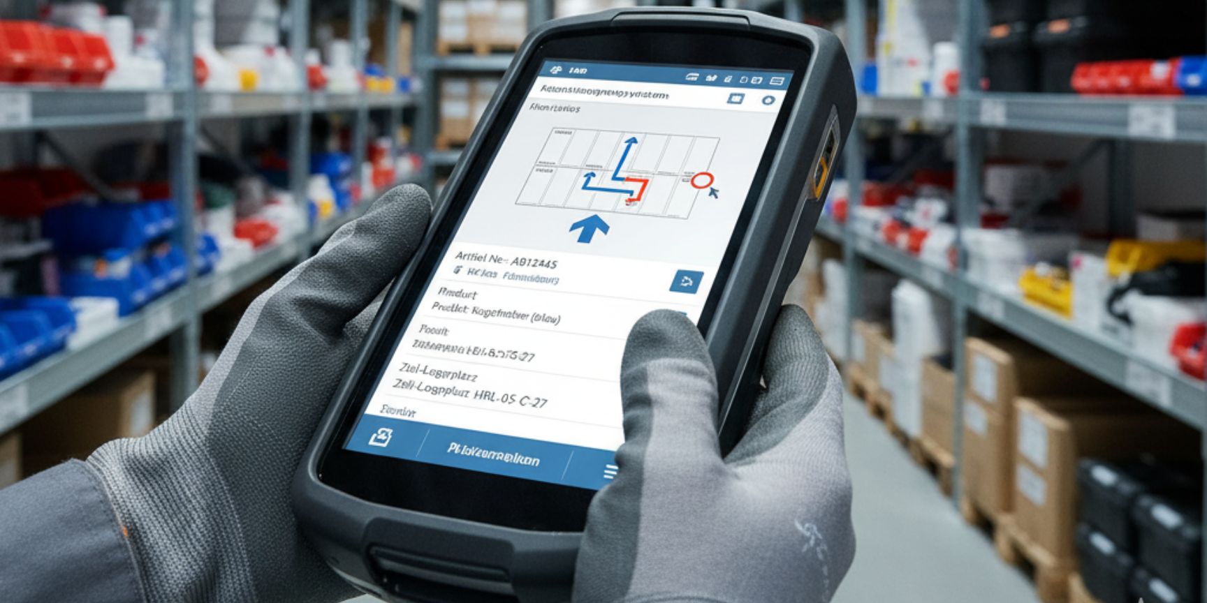 Lagermitarbeiter bedient Handscanner und MDE-Gerät für digitale Ein- oder Auslagerung in der chaotischen Lagerhaltung, symbolisiert softwaregesteuerte Präzision und Effizienz.